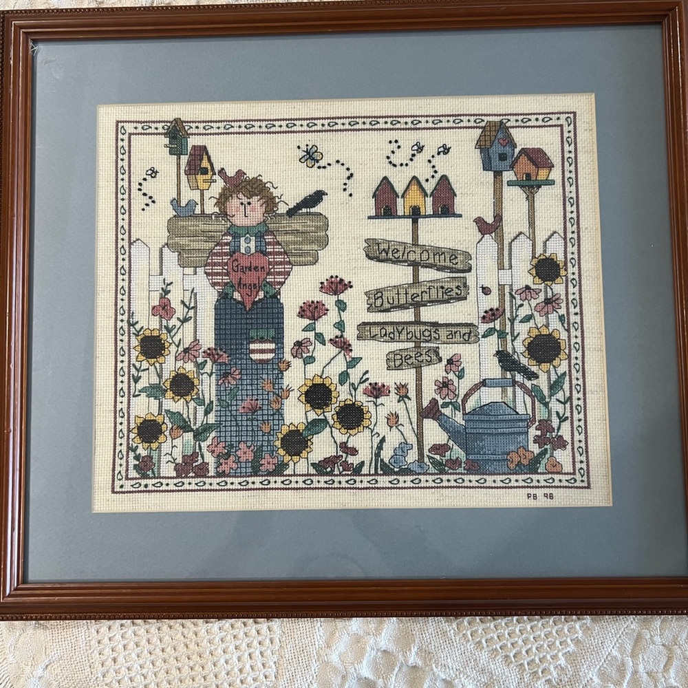 Charming Cross-Stitch Wall Art with Brown Frame 19.5” x 16.75”. Signed date 1998